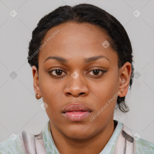 Neutral black young-adult female with short  black hair and brown eyes