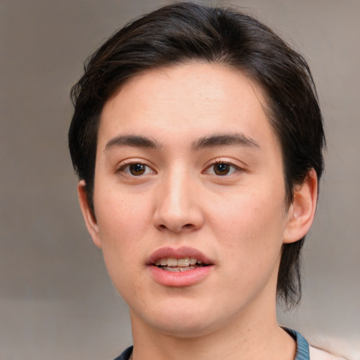 Joyful white young-adult female with medium  brown hair and brown eyes