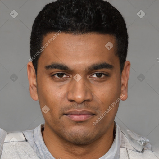 Neutral latino young-adult male with short  black hair and brown eyes