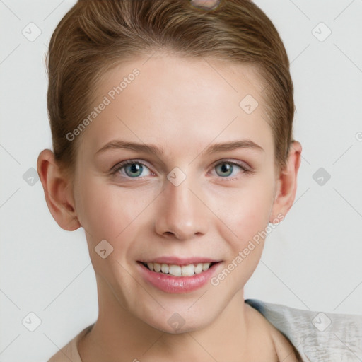 Joyful white young-adult female with short  brown hair and grey eyes