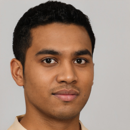 Neutral latino young-adult male with short  brown hair and brown eyes