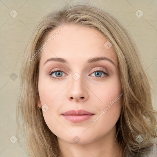 Neutral white young-adult female with long  brown hair and grey eyes