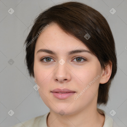 Neutral white young-adult female with medium  brown hair and brown eyes