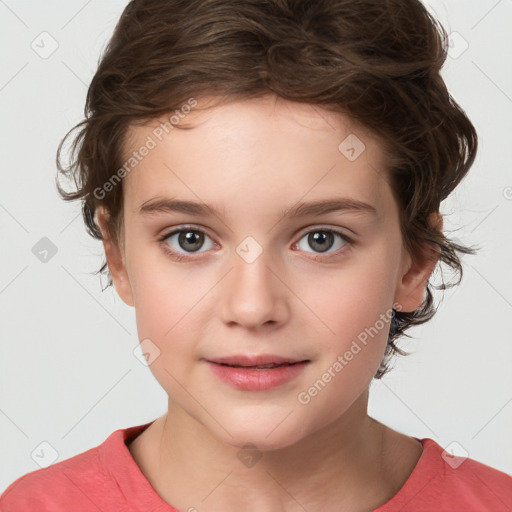 Joyful white child female with medium  brown hair and brown eyes