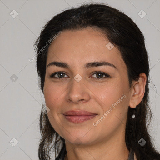 Joyful white young-adult female with medium  brown hair and brown eyes