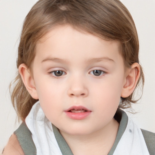 Neutral white child female with medium  brown hair and blue eyes