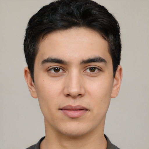 Neutral white young-adult male with short  black hair and brown eyes