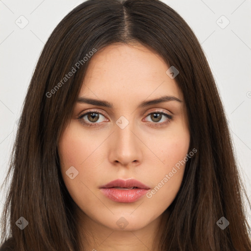 Neutral white young-adult female with long  brown hair and brown eyes