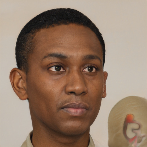 Neutral black young-adult male with short  brown hair and brown eyes