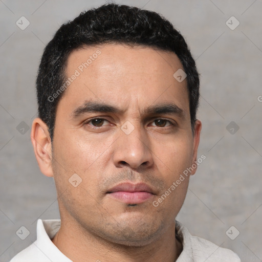 Neutral white young-adult male with short  black hair and brown eyes