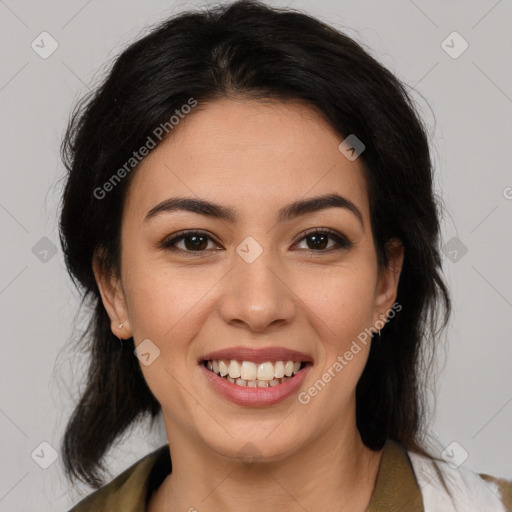 Joyful latino young-adult female with medium  brown hair and brown eyes