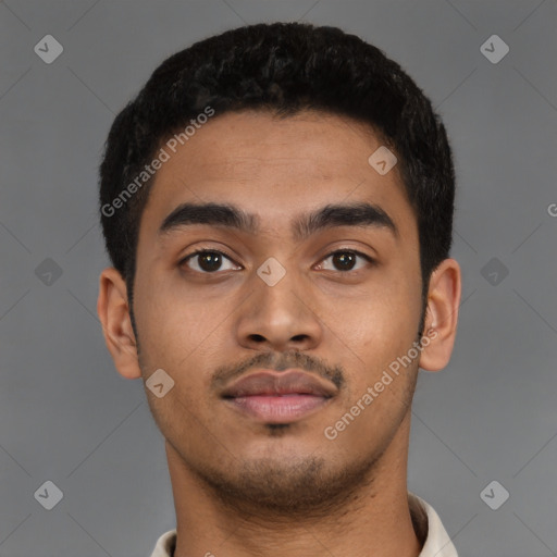 Neutral latino young-adult male with short  brown hair and brown eyes