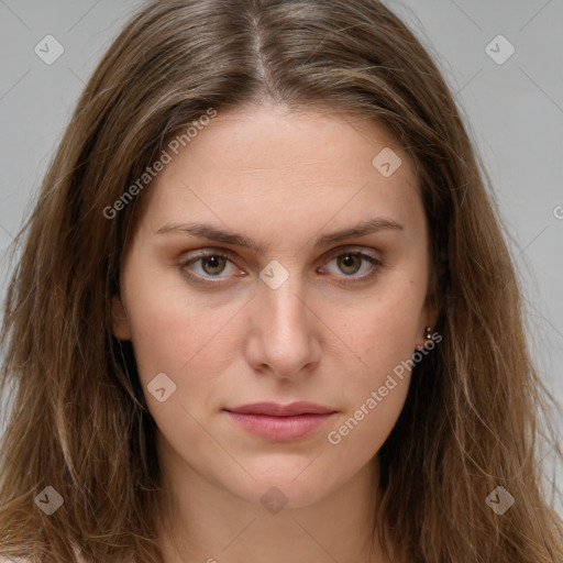 Joyful white young-adult female with long  brown hair and green eyes