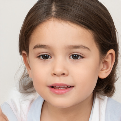 Joyful white child female with medium  brown hair and brown eyes