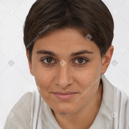 Joyful white young-adult female with short  brown hair and brown eyes