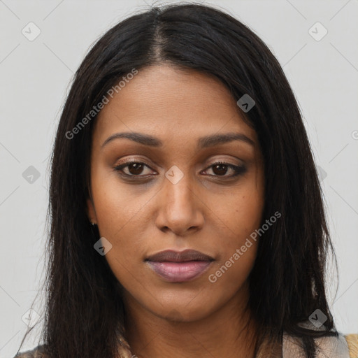 Joyful black young-adult female with long  brown hair and brown eyes