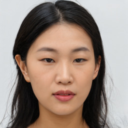 Neutral asian young-adult female with long  brown hair and brown eyes