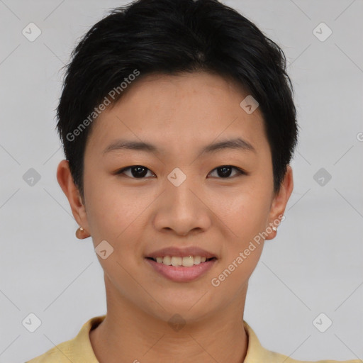 Joyful asian young-adult female with short  black hair and brown eyes
