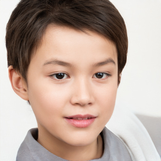 Joyful white child female with short  brown hair and brown eyes