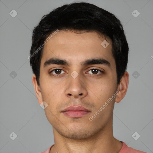 Neutral latino young-adult male with short  black hair and brown eyes