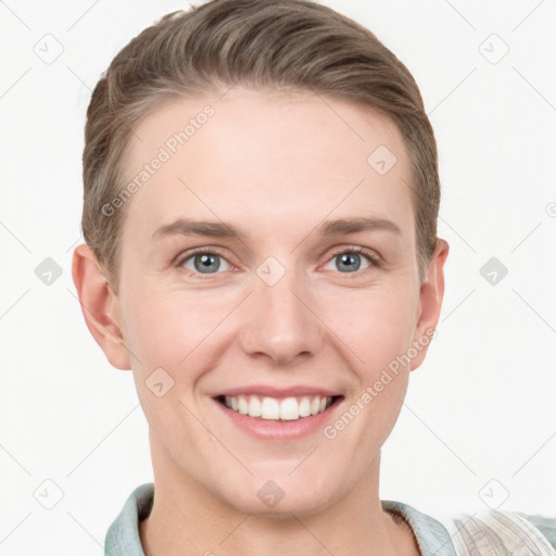 Joyful white young-adult female with short  brown hair and grey eyes