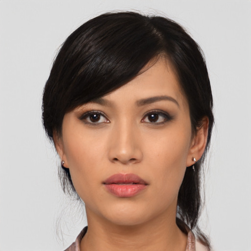 Neutral asian young-adult female with medium  black hair and brown eyes