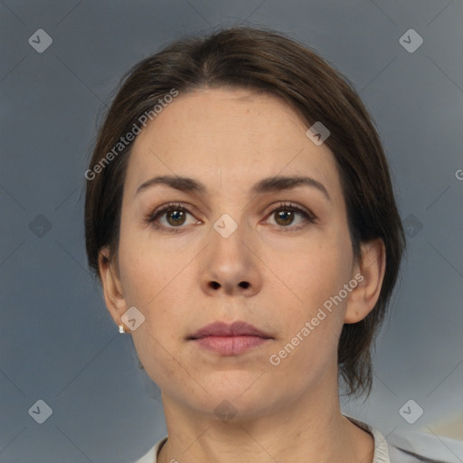 Neutral white young-adult female with medium  brown hair and brown eyes