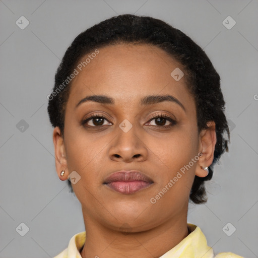 Neutral black young-adult female with short  brown hair and brown eyes