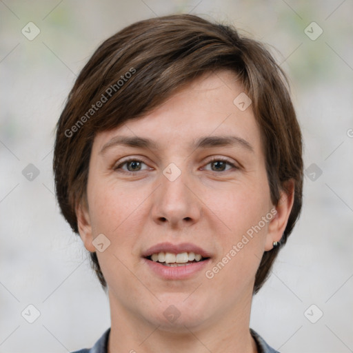 Joyful white young-adult female with medium  brown hair and grey eyes