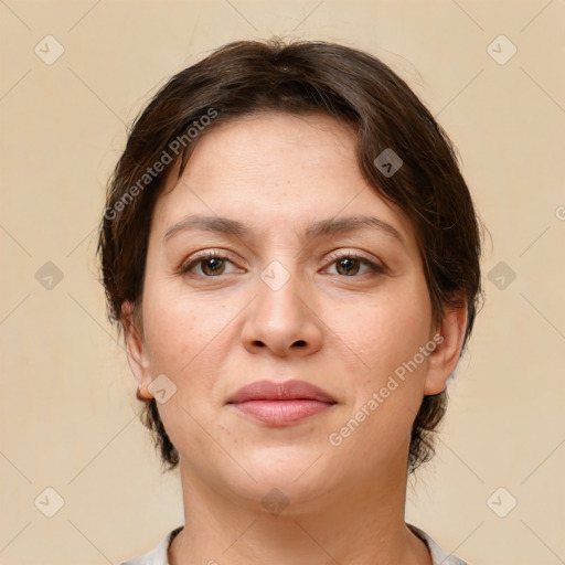 Neutral white young-adult female with medium  brown hair and brown eyes