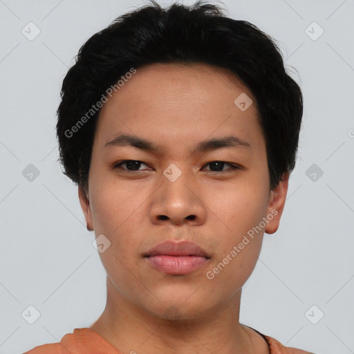 Neutral asian young-adult male with short  black hair and brown eyes