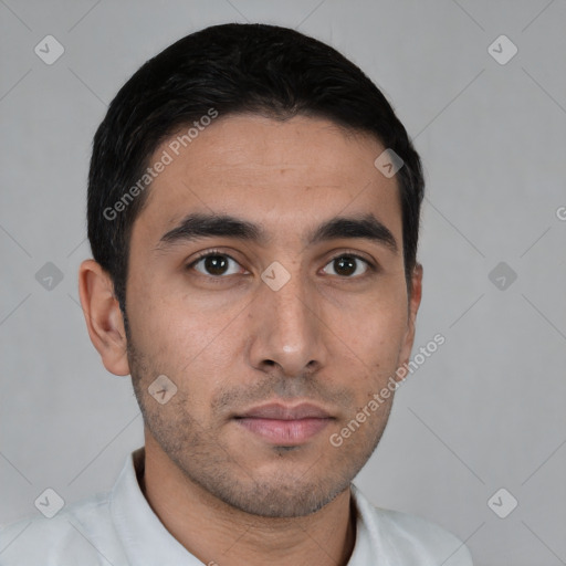 Neutral white young-adult male with short  black hair and brown eyes