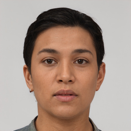 Neutral asian young-adult female with short  brown hair and brown eyes
