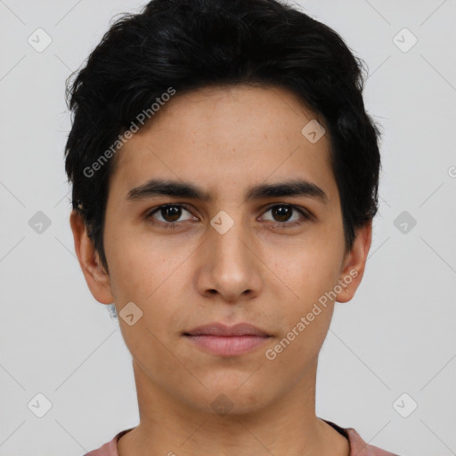 Neutral latino young-adult male with short  black hair and brown eyes