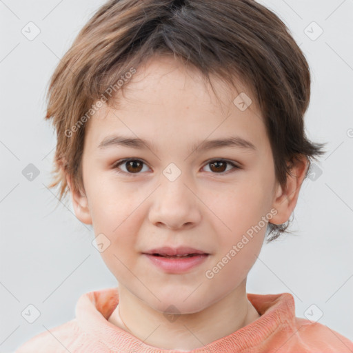 Joyful white child female with short  brown hair and brown eyes