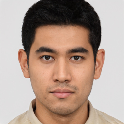 Neutral asian young-adult male with short  black hair and brown eyes