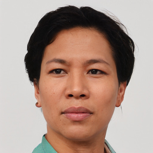 Neutral asian adult female with short  black hair and brown eyes