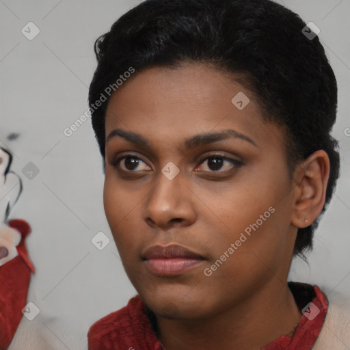 Neutral black young-adult female with short  black hair and brown eyes