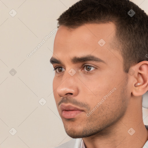 Neutral white young-adult male with short  brown hair and brown eyes