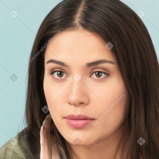 Neutral white young-adult female with long  brown hair and brown eyes