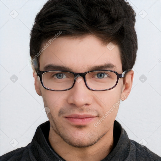 Neutral white young-adult male with short  brown hair and brown eyes