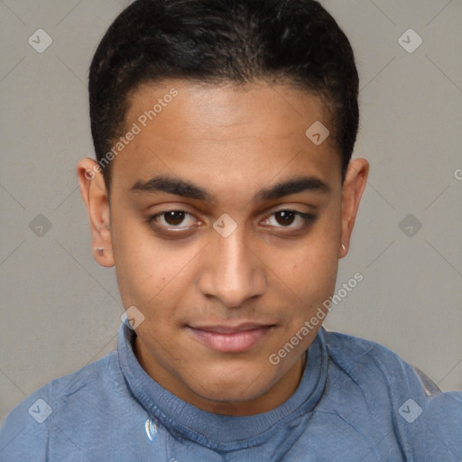 Joyful white young-adult male with short  black hair and brown eyes