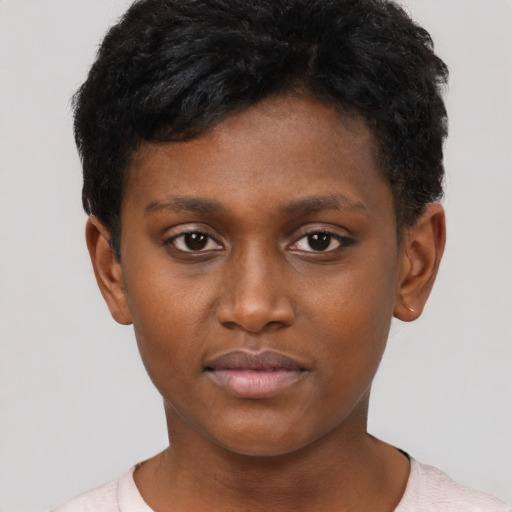 Neutral black young-adult female with short  brown hair and brown eyes