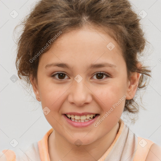 Joyful white child female with medium  brown hair and brown eyes