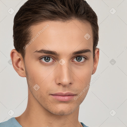 Neutral white young-adult male with short  brown hair and brown eyes