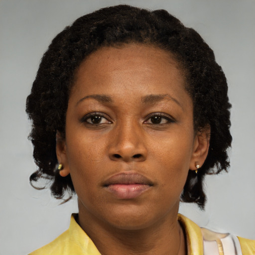 Neutral black young-adult female with short  brown hair and brown eyes