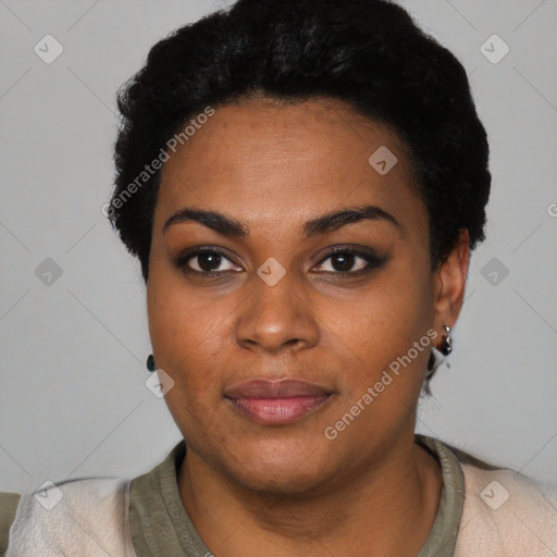 Neutral black young-adult female with short  black hair and brown eyes
