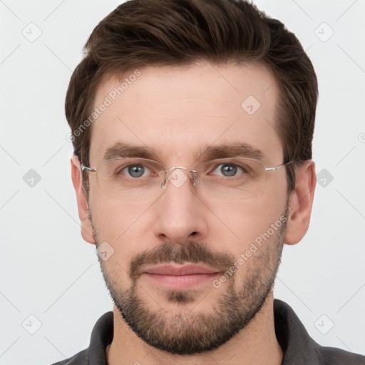 Neutral white young-adult male with short  brown hair and grey eyes