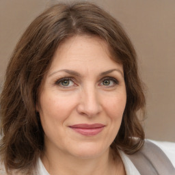 Joyful white adult female with medium  brown hair and grey eyes