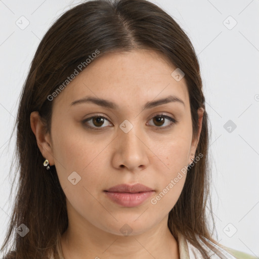 Neutral white young-adult female with long  brown hair and brown eyes